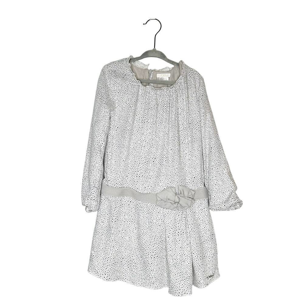 Chloe Girl's Drop Waist Long Sleeve Bow Dress Gray White Size 6
